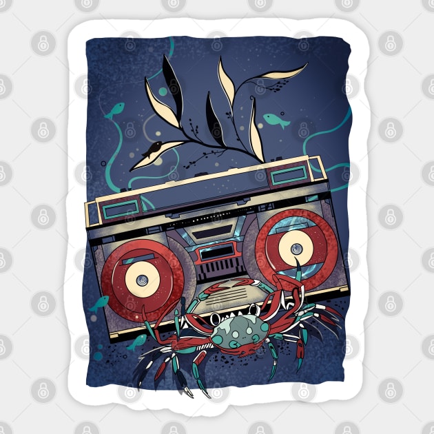 Blue boom box underwater and fishes Sticker by jen28